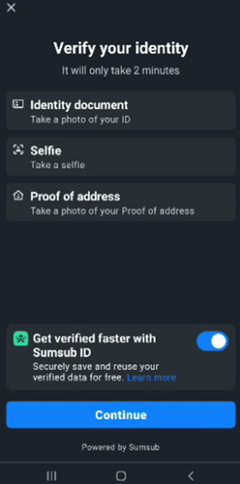 Identity verification asks for an identity document, selfie and proof of address